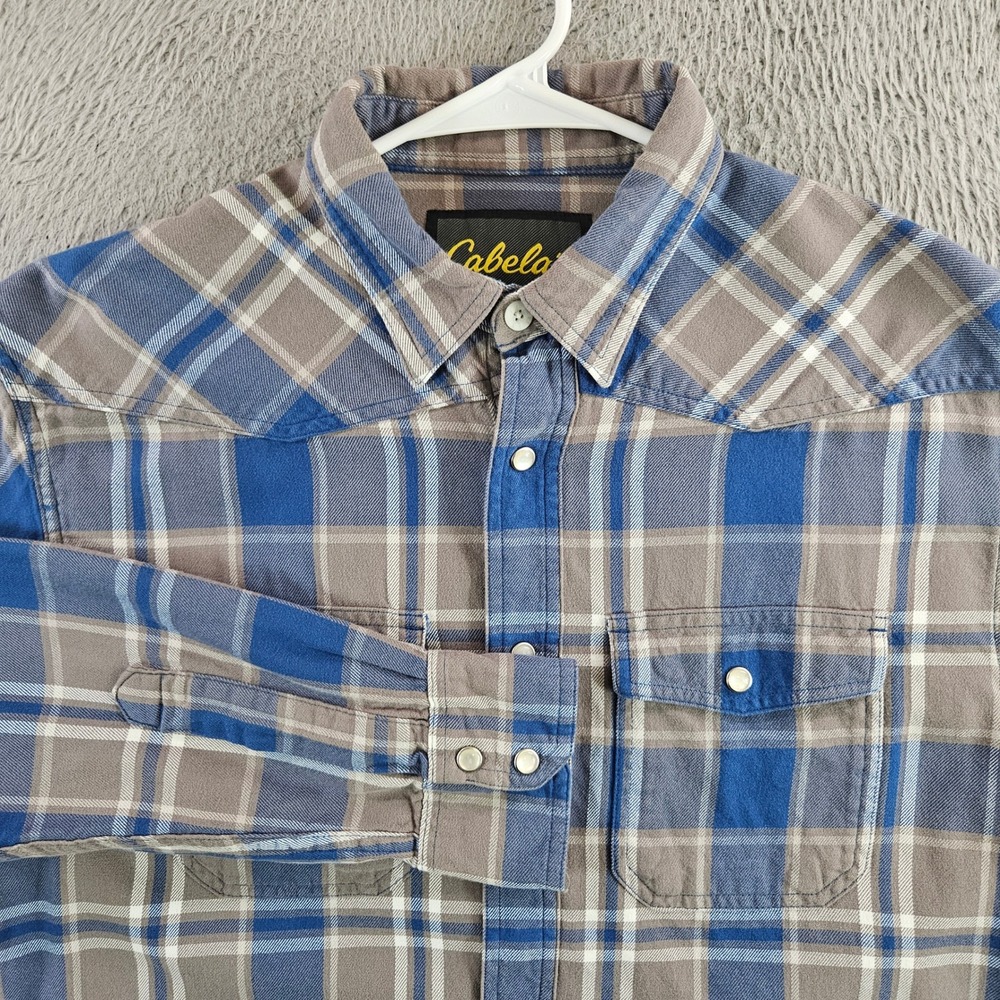 Cabelas Mens Blue Grey Plaid Western‎ Snap Flannel Shirt Size Medium